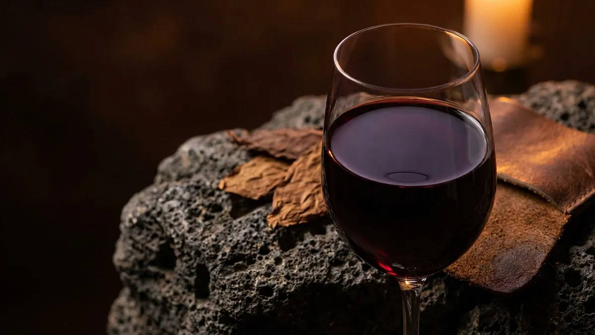 Deep ruby Aglianico wine in a tulip glass on a rustic wooden table with the dormant volcano of Mount Vulture rising in the misty distance