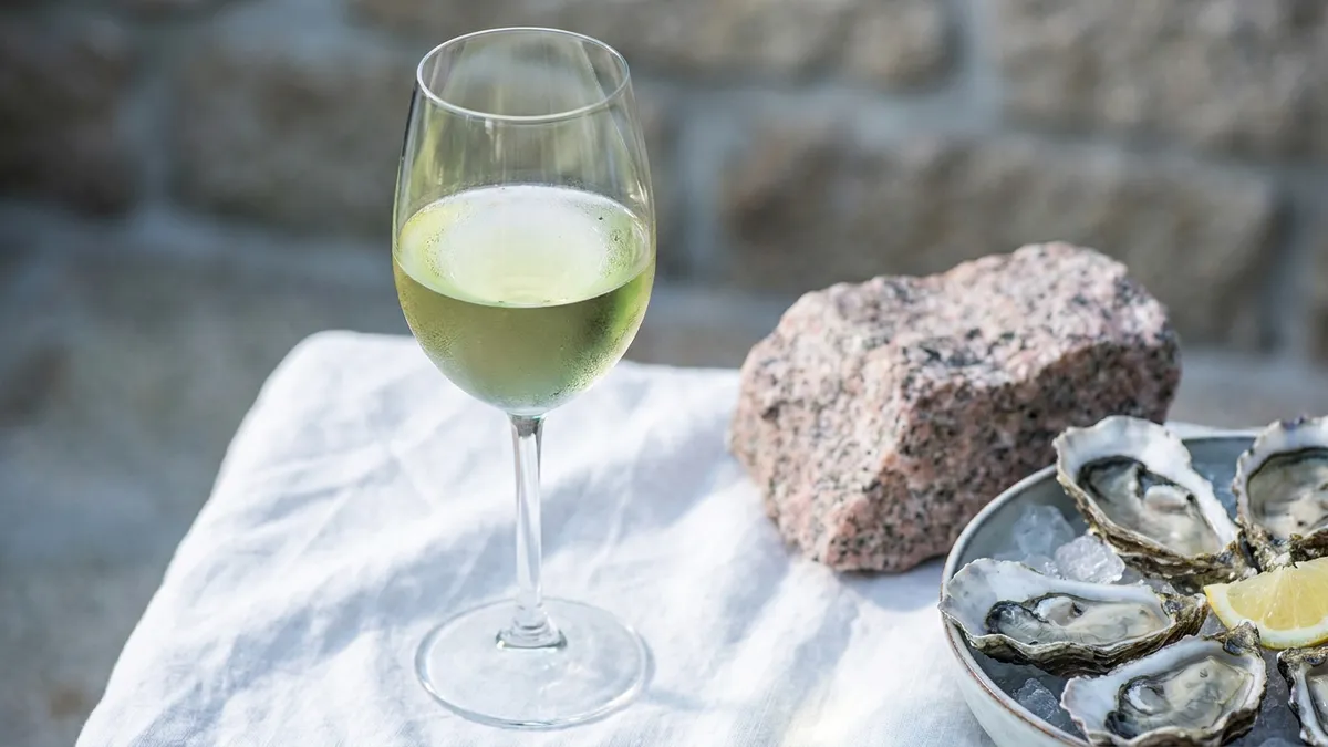 A pale lemon-green glass of Albariño wine on a stone table overlooking the Atlantic coast of Galicia at golden hour