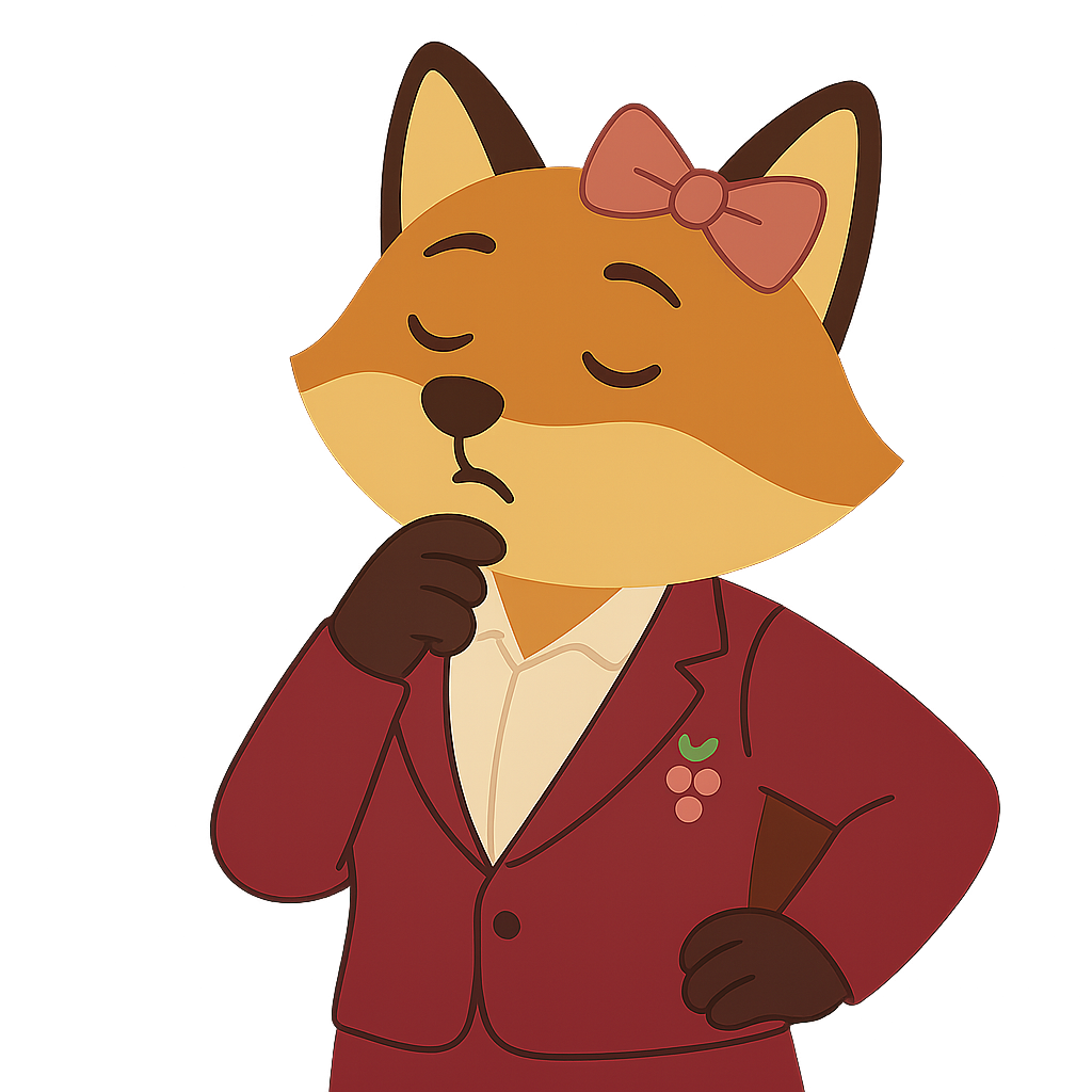 Sommy fox mascot in thoughtful pose, considering wine knowledge
