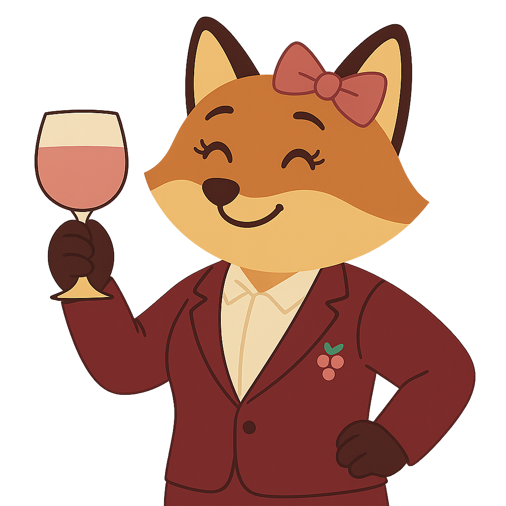 Sommy fox mascot with a toast pose, celebrating wine learning